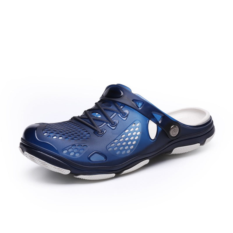 Men's blue jelly breathable beach slippers with ventilation holes for summer comfort and casual style.