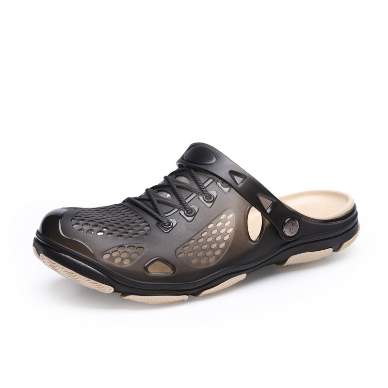 Men's breathable black jelly slippers with ventilation holes for summer comfort and casual outdoor wear.