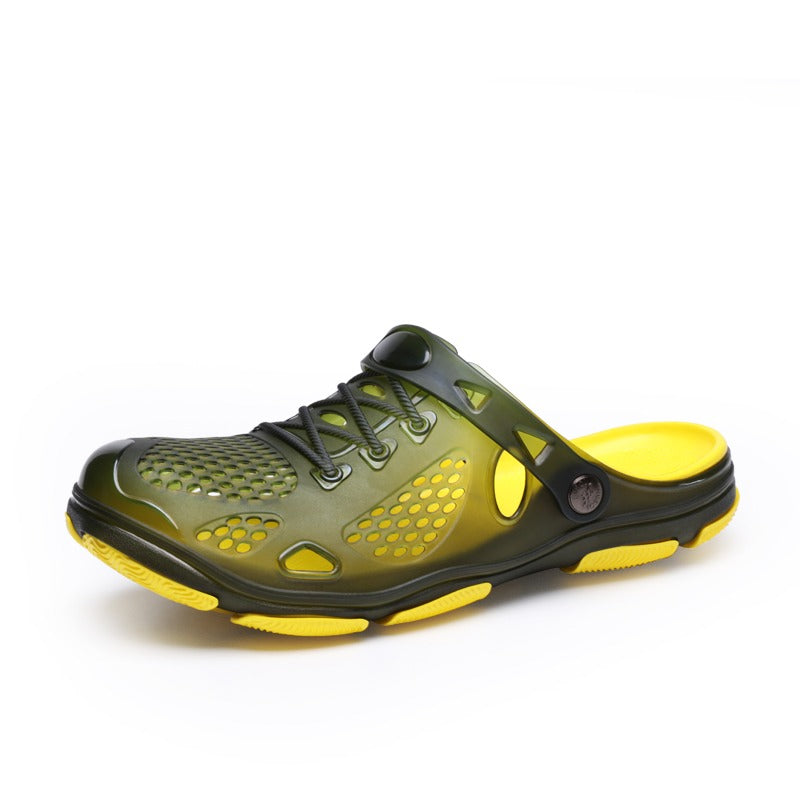 Men's breathable jelly beach sandals in green and yellow, perfect for summer outdoor casual wear.