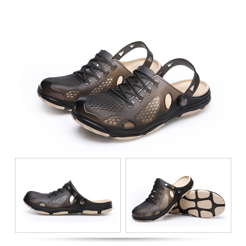 Men's breathable black jelly sandals with ventilation holes for summer comfort and casual style.