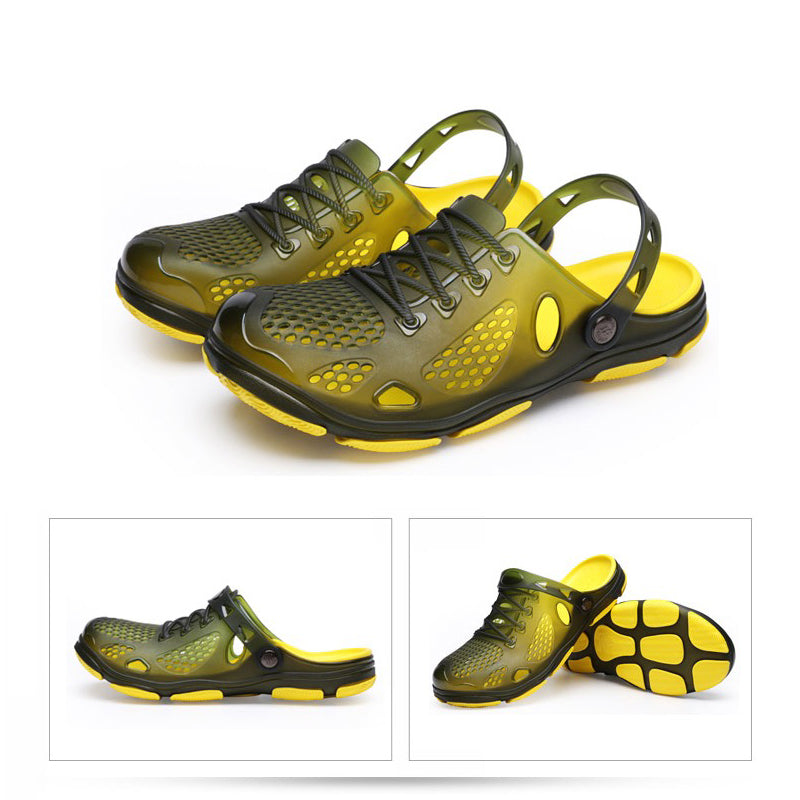 Men's breathable jelly sandals in green and yellow, perfect for summer outdoor activities and casual wear.