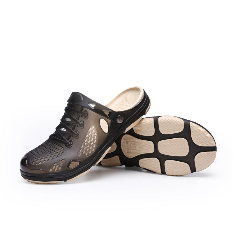 Men's breathable beach slippers in black with comfortable soles, perfect for summer outdoor casual wear.