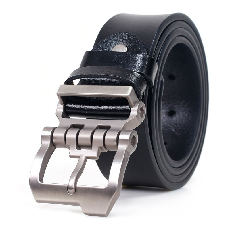 Men's leather belt in black with modern alloy buckle, ideal casual fashion accessory for trousers.
