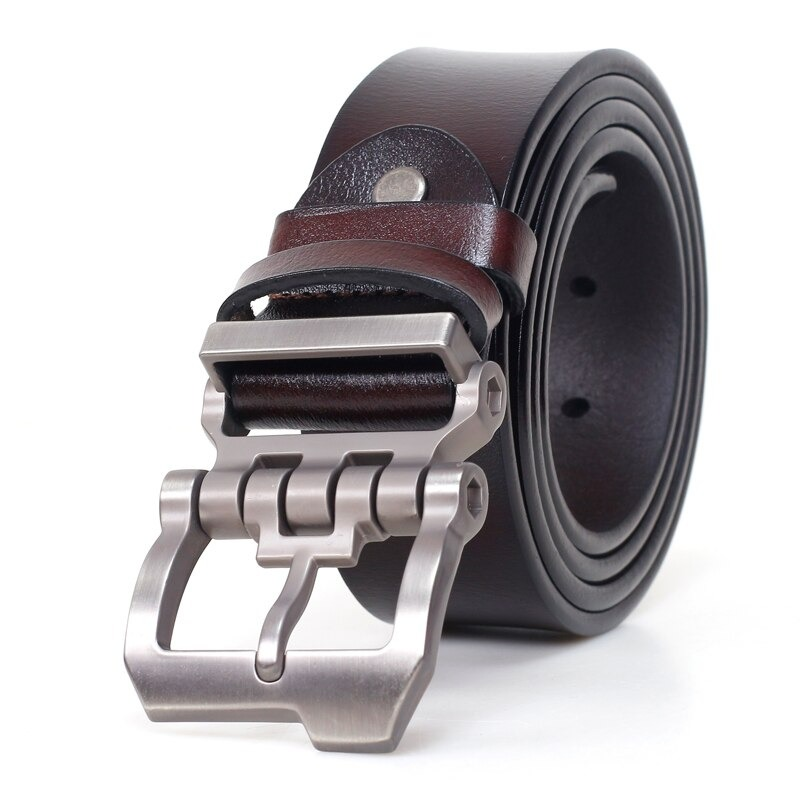 Men's leather belt with stylish alloy buckle in brown, perfect casual accessory for trousers.
