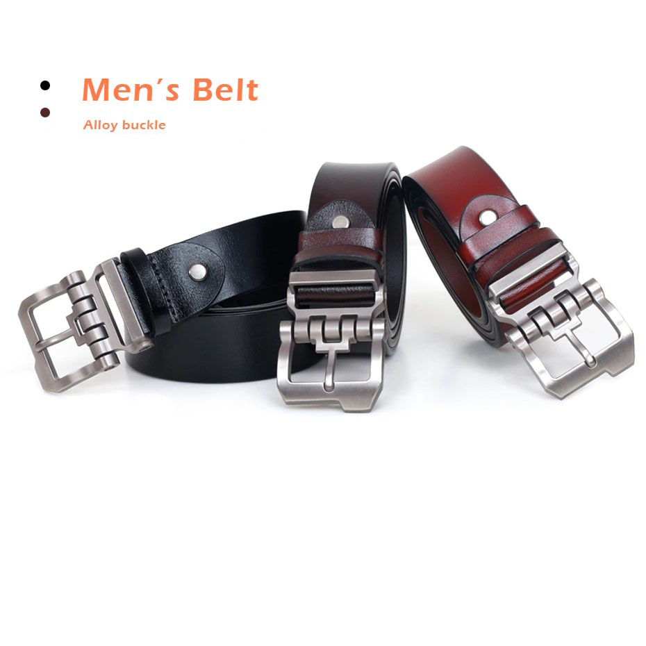 Men's leather belts in black and brown with stylish alloy buckles, perfect casual accessory for trousers.
