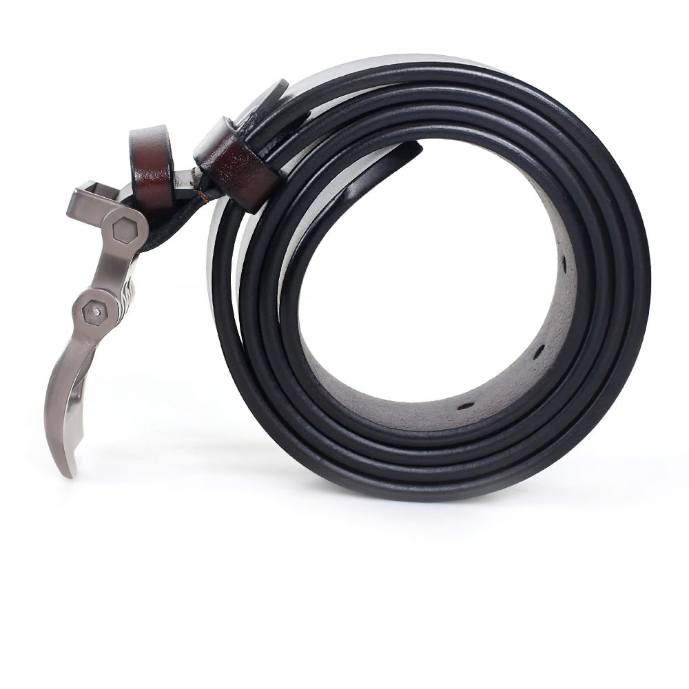 Men's leather belt rolled up with a stylish alloy buckle, perfect casual accessory for trousers.