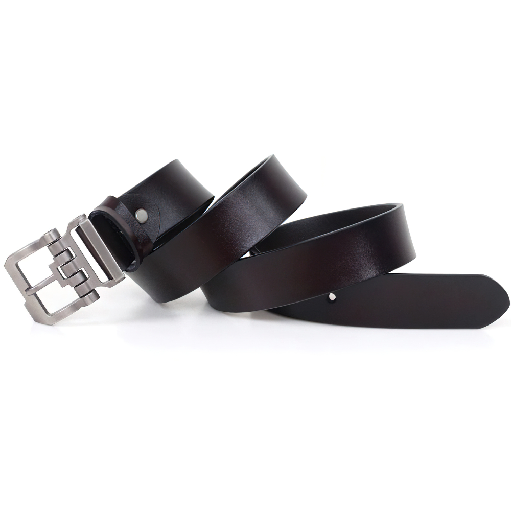 Men's casual leather belt in dark brown with silver alloy buckle, perfect fashion accessory for trousers.