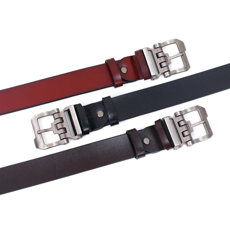 Men's leather belts in red, black, and brown with stylish alloy buckles, perfect for casual wear.