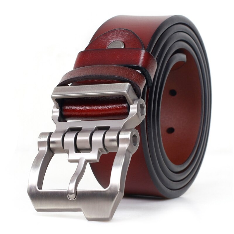 Men's leather trouser belt with stylish alloy buckle in rich brown color, perfect for casual outfits.