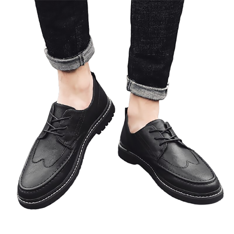 Men's black leather dress shoes with lace-up design, perfect for casual and formal fashion. Stylish and comfortable flats.