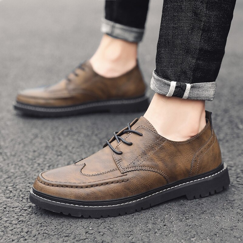Men's brown leather dress shoes with lace-up design and non-slip flat sole, perfect for casual elegance.