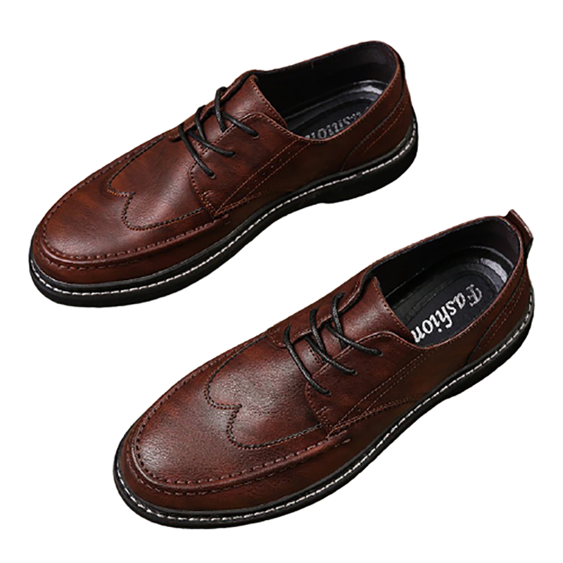 Men's brown leather dress shoes with lace-up design and comfortable flat sole, showcasing elegant British style.