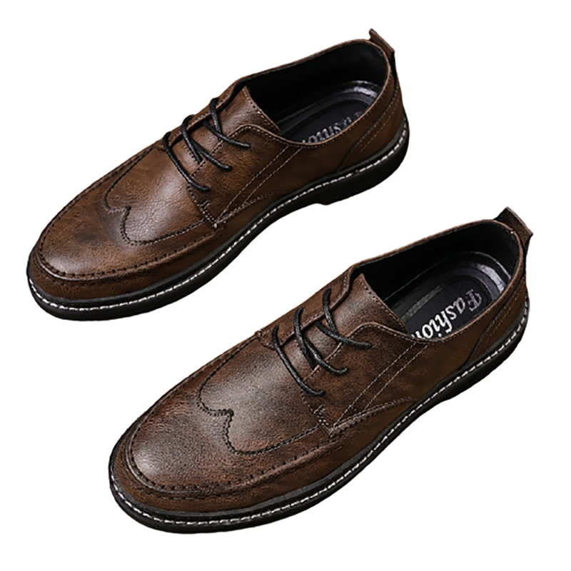 Men's brown leather dress shoes, lace-up design, elegant casual style, non-slip flats perfect for any occasion.