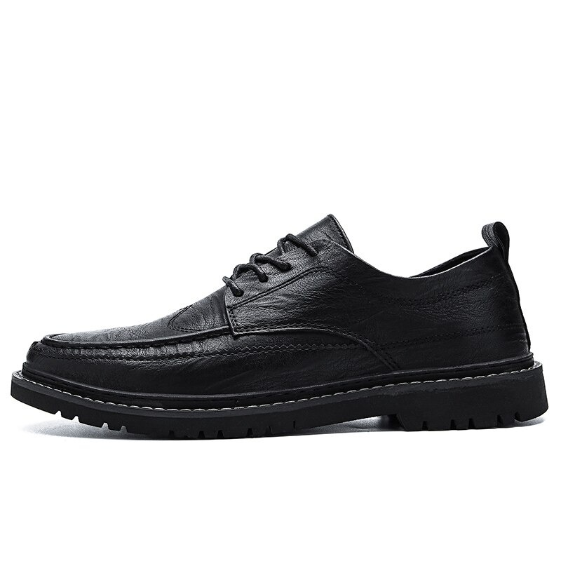 Men's black leather dress shoes, lace-up style, non-slip flat sole, elegant casual fashion.