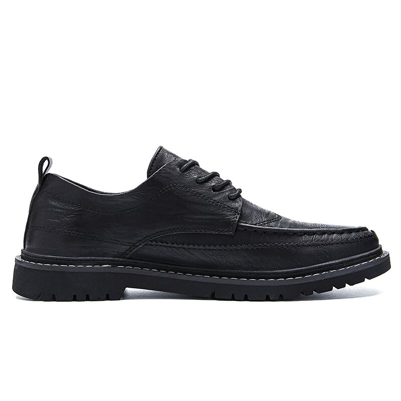 Men's black leather dress shoes, lace-up, stylish non-slip flats in casual British style.