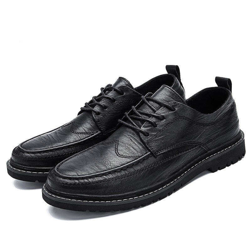 Men's black leather lace-up dress shoes, stylish and comfy non-slip flats in British casual style.