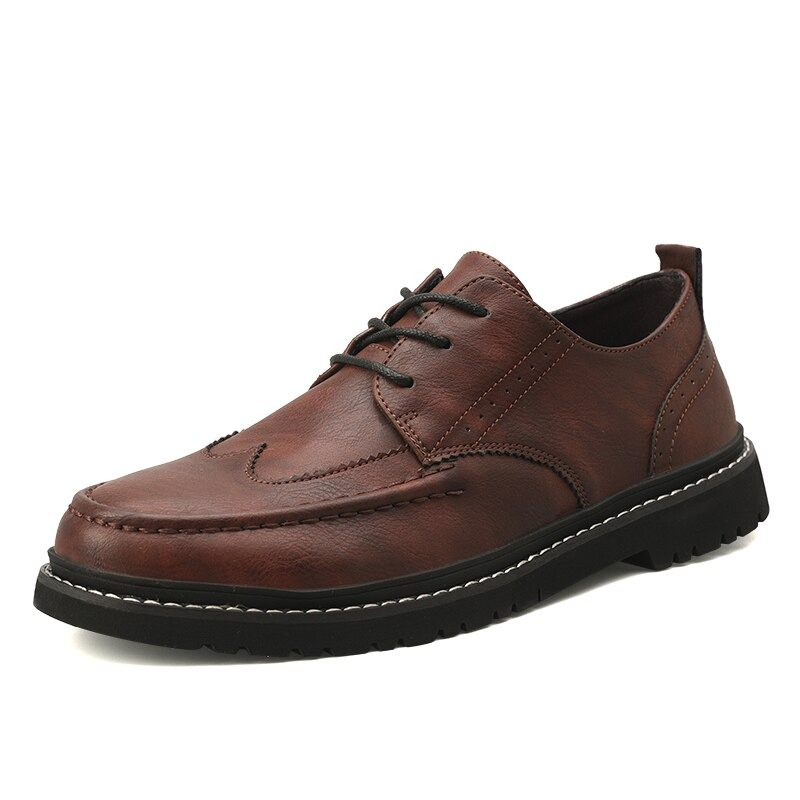 Men's brown leather dress shoes with lace-up design and non-slip flat sole in a stylish casual look.