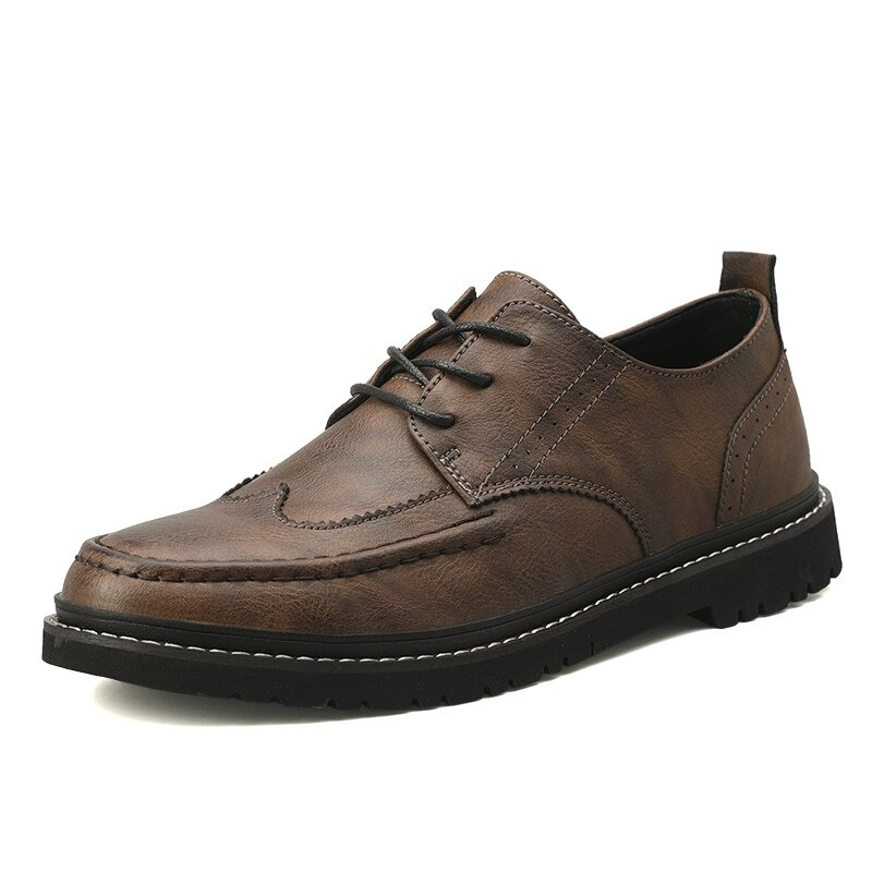 Men's brown leather lace-up shoes, stylish and comfortable non-slip flats in British casual design.