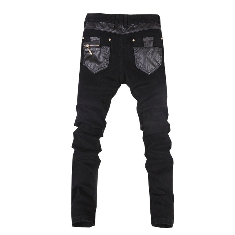 Men's Gothic biker skinny pants with black leather accents and a stylish fit.