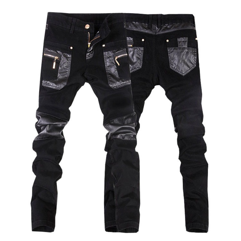 Men's Gothic biker skinny pants in black with leather accents for a stylish rockstar look.