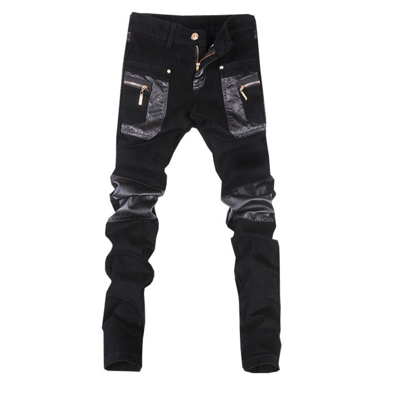 Men's gothic style biker skinny leather pants in black with zip pockets, perfect for rockstar vibes and alternative fashion.
