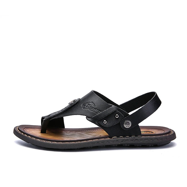 Men's black leather sandals, casual summer footwear, ideal for festivals or relaxed walks, featuring a comfortable design.