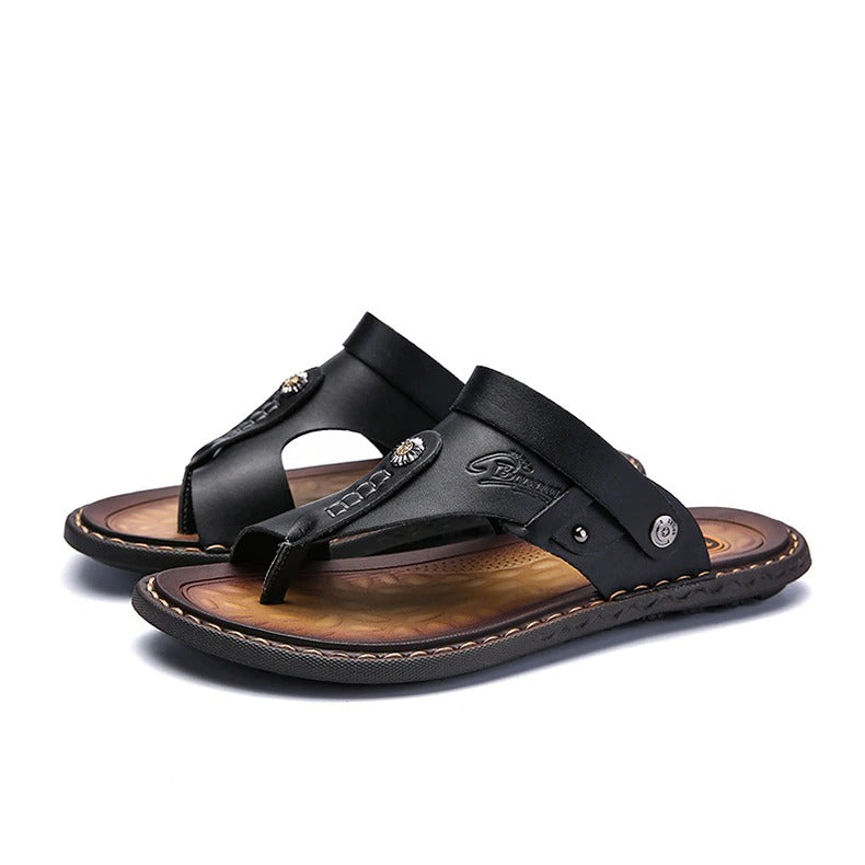 Men's black leather sandals with stylish design, perfect for casual summer outings and festivals.