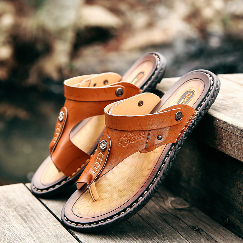 Men's leather sandals with stylish design, perfect for summer leisure and casual outings, offering comfort and durability.