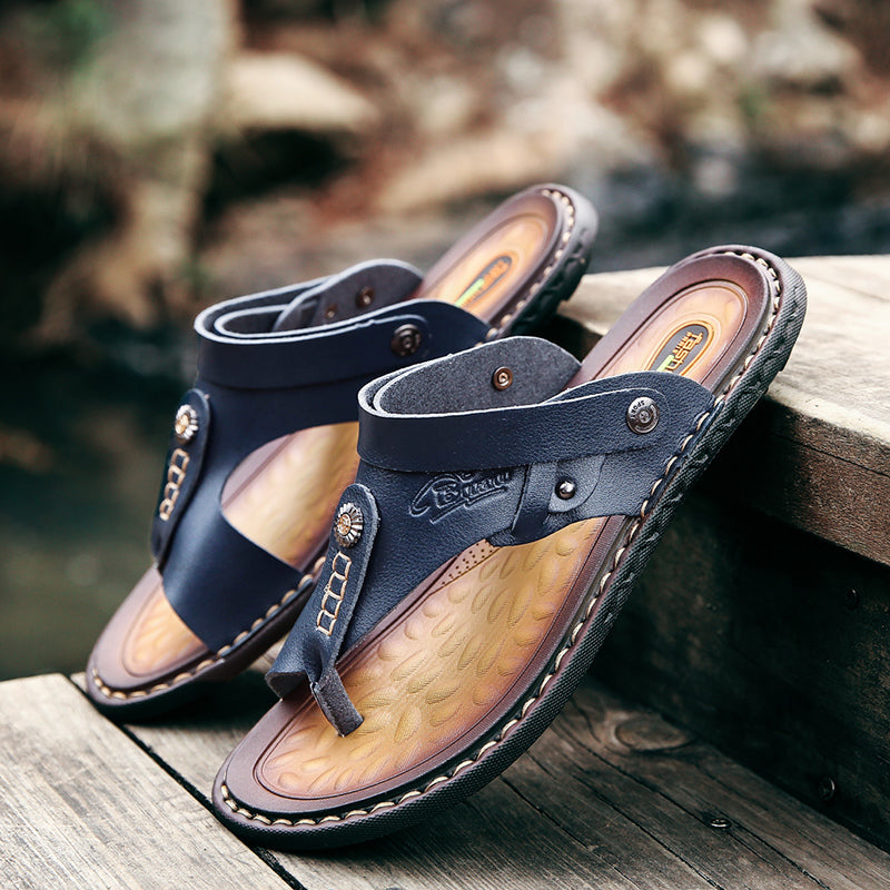 Men's leather sandals in navy, stylish casual footwear perfect for summer outings and festivals.