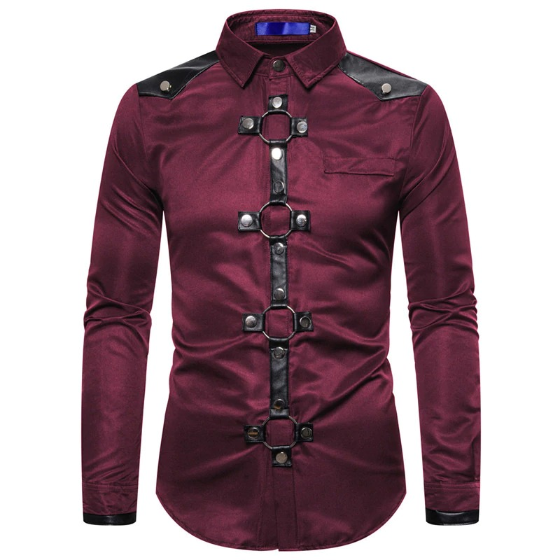 Men's Long Shirt with Rivet in Gothic Style / Solid Color Shirts of Slim Fit - HARD'N'HEAVY