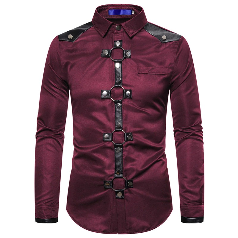Men's gothic long shirt in burgundy with rivet details, stylish and slim fit, perfect for modern creativity.
