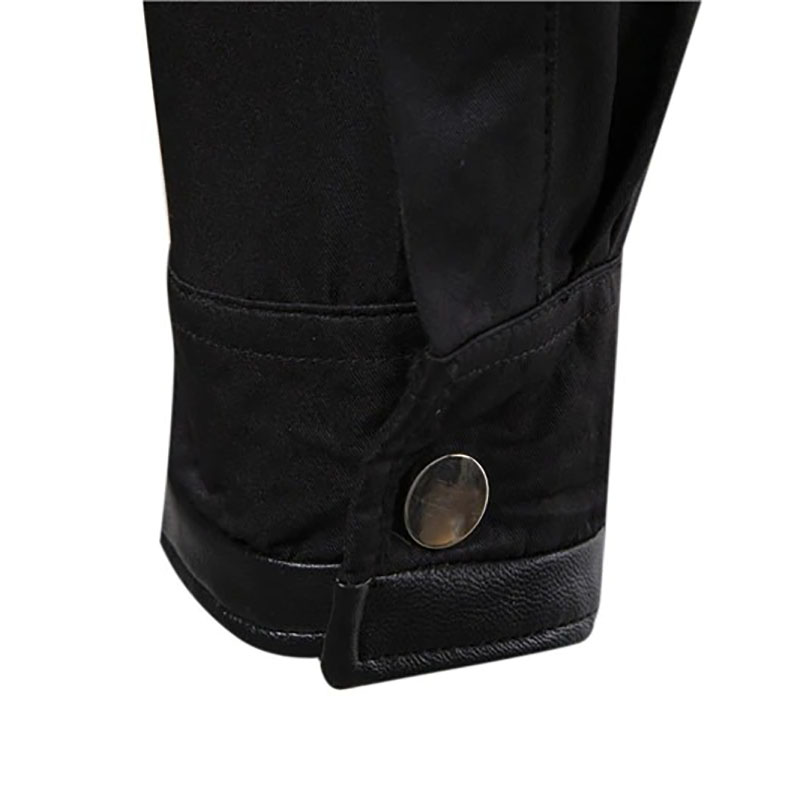 Close-up of the sleeve cuff of a men's long shirt featuring silver rivets in gothic style, showcasing sleek design.