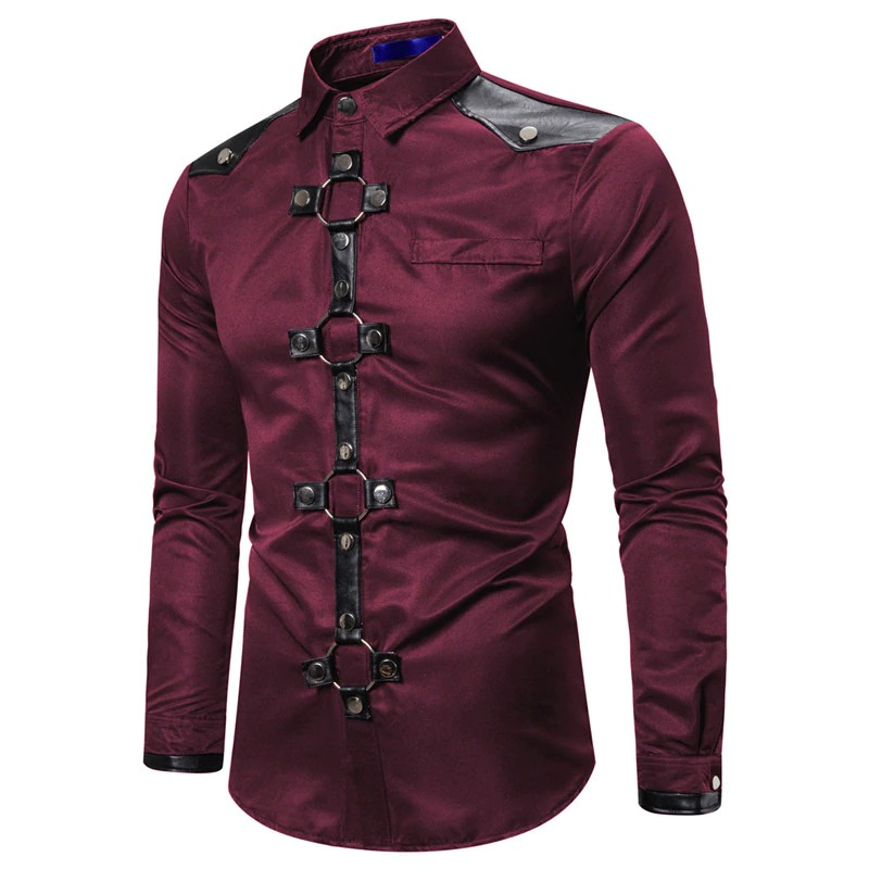 Men's gothic long shirt in burgundy with silver rivets and leather details, perfect for a stylish slim fit look.