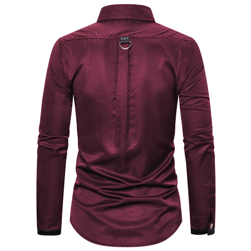 Back view of men's long shirt in burgundy with rivet detail, showcasing gothic style and slim fit design.