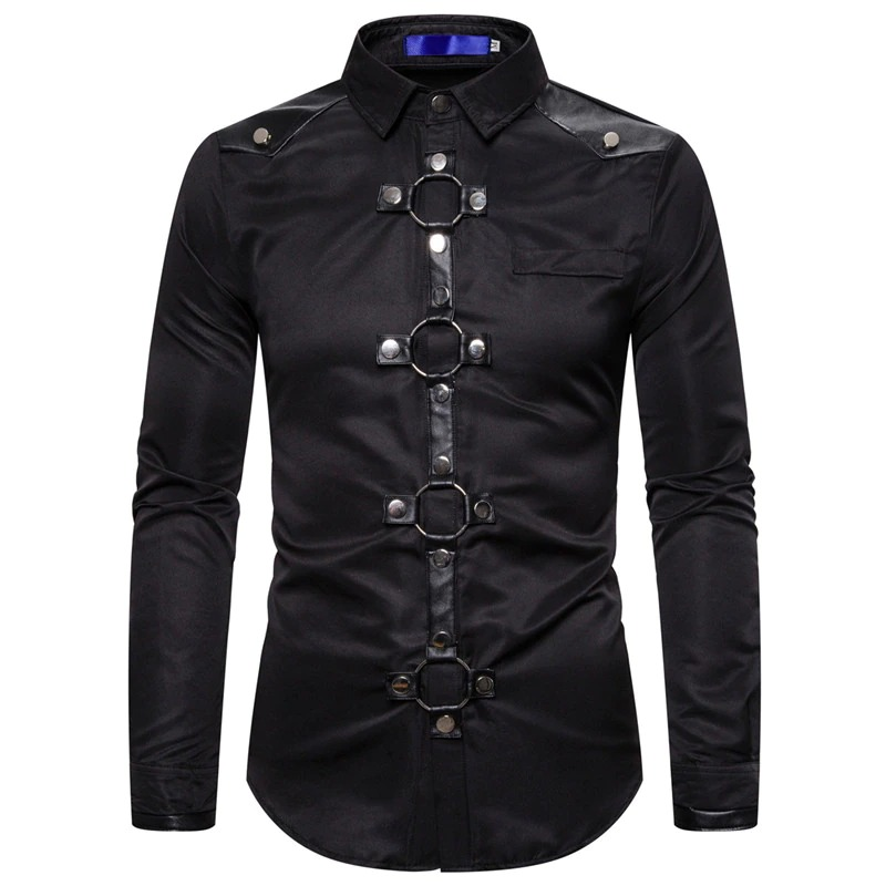 Men's black long shirt with rivets in gothic style, slim fit, stylish design, perfect for modern fashion.