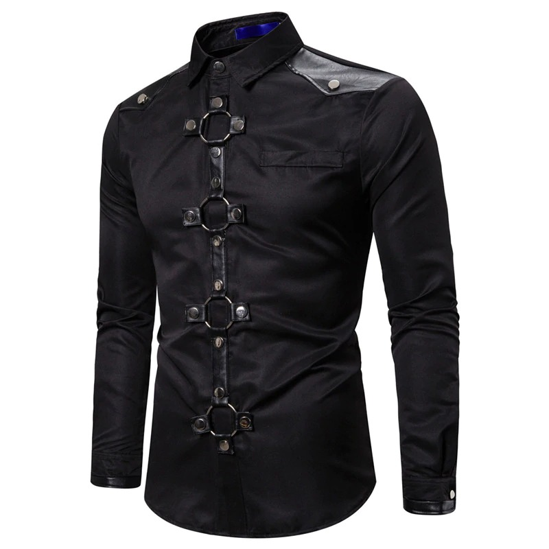 Men's Long Shirt with Rivet in Gothic Style / Solid Color Shirts of Slim Fit - HARD'N'HEAVY