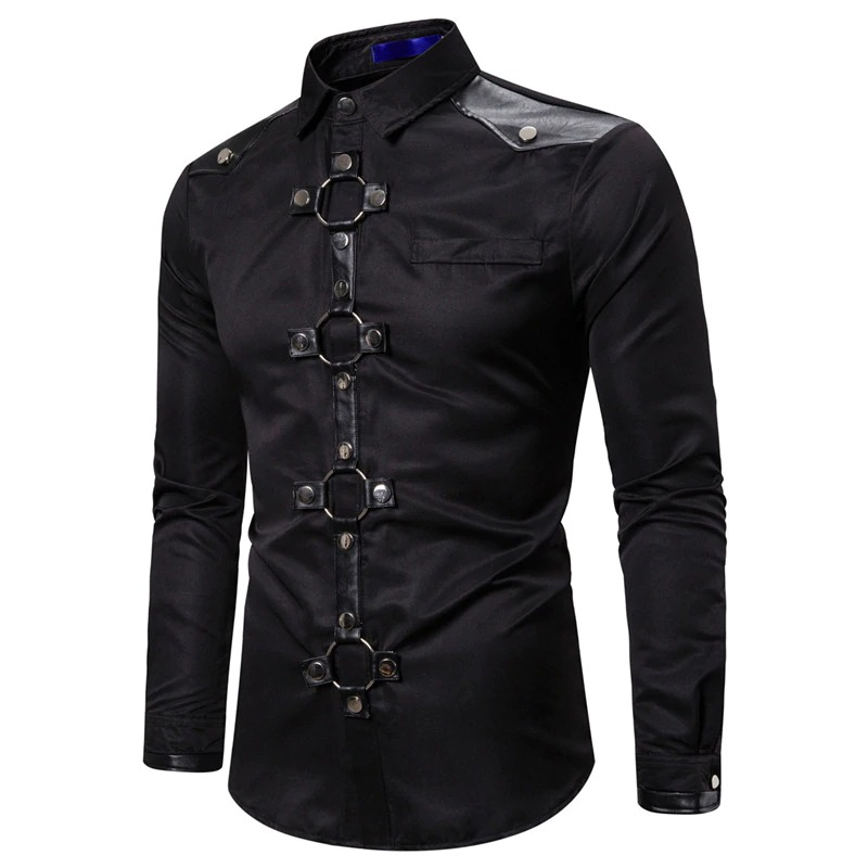 Men's gothic long shirt in black with stylish silver rivets and slim fit design for a modern look.