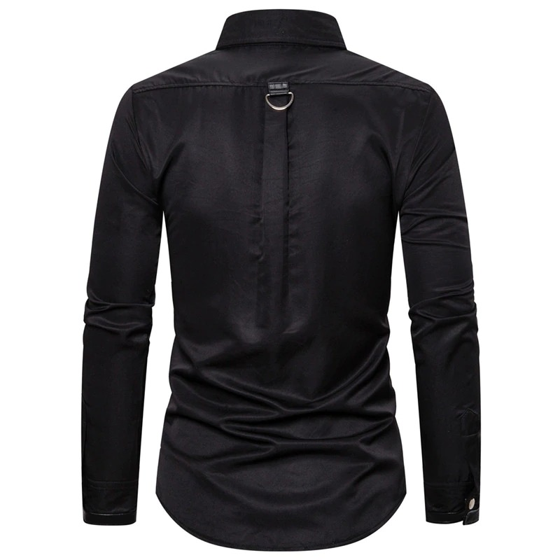 Men's black long shirt with rivet detail in gothic style, showcasing a fitted silhouette and stylish back design.
