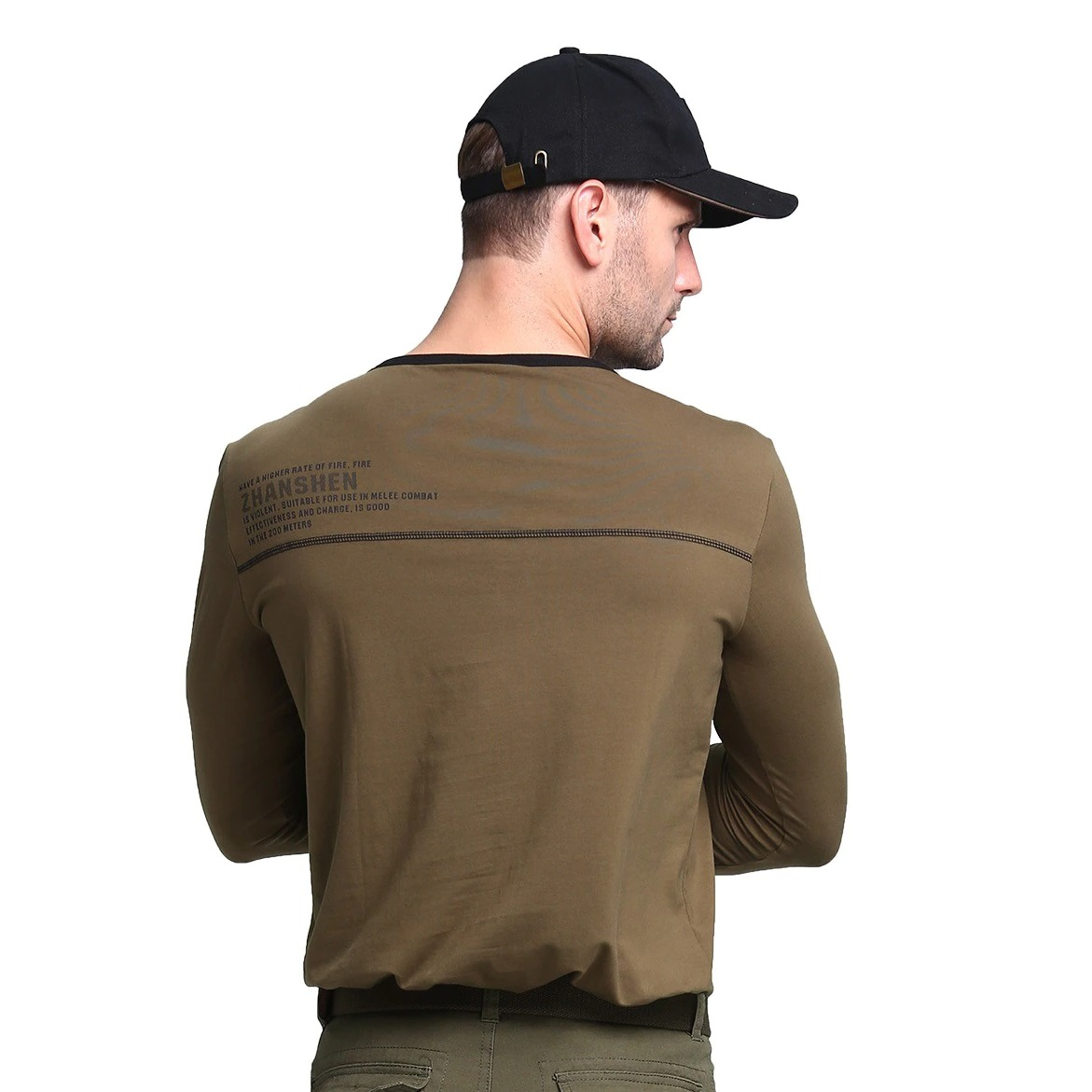 Men's long sleeve army sweatshirt in olive green, featuring stylish military design and fitted cut.