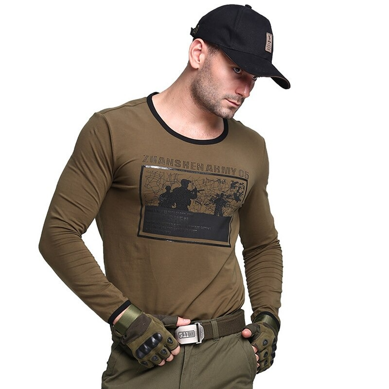 Men's long sleeve army sweatshirt in olive green, styled with tactical gloves and cap, showcasing military-inspired fashion.