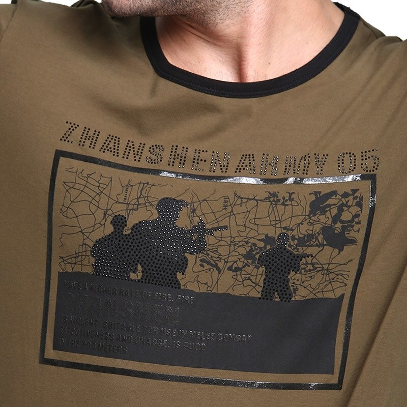 Close-up of men's military-style sweatshirt featuring army graphic print, perfect for casual wear and tactical adventures.