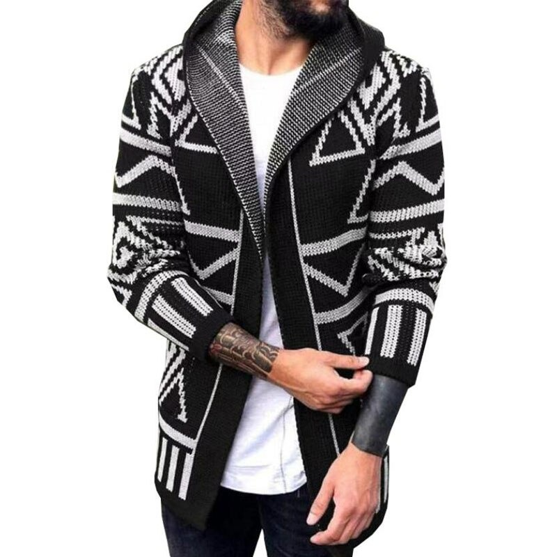 Stylish men's long sleeve hooded knitting cardigan with black and white geometric print, perfect for casual and cozy outfits.
