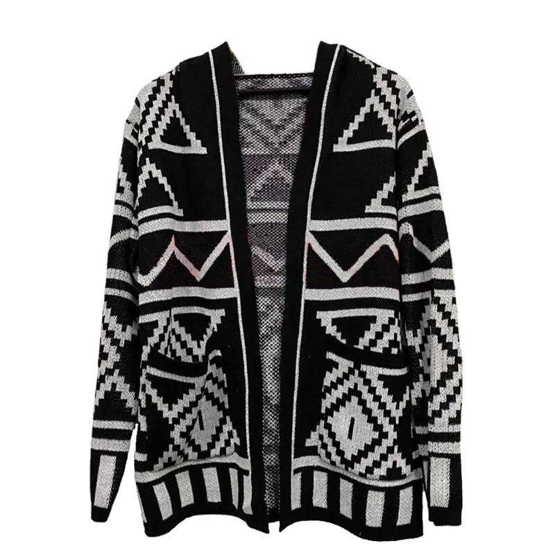 Men's long sleeve hooded cardigan featuring a black and white geometric print, perfect for casual and cozy styling.