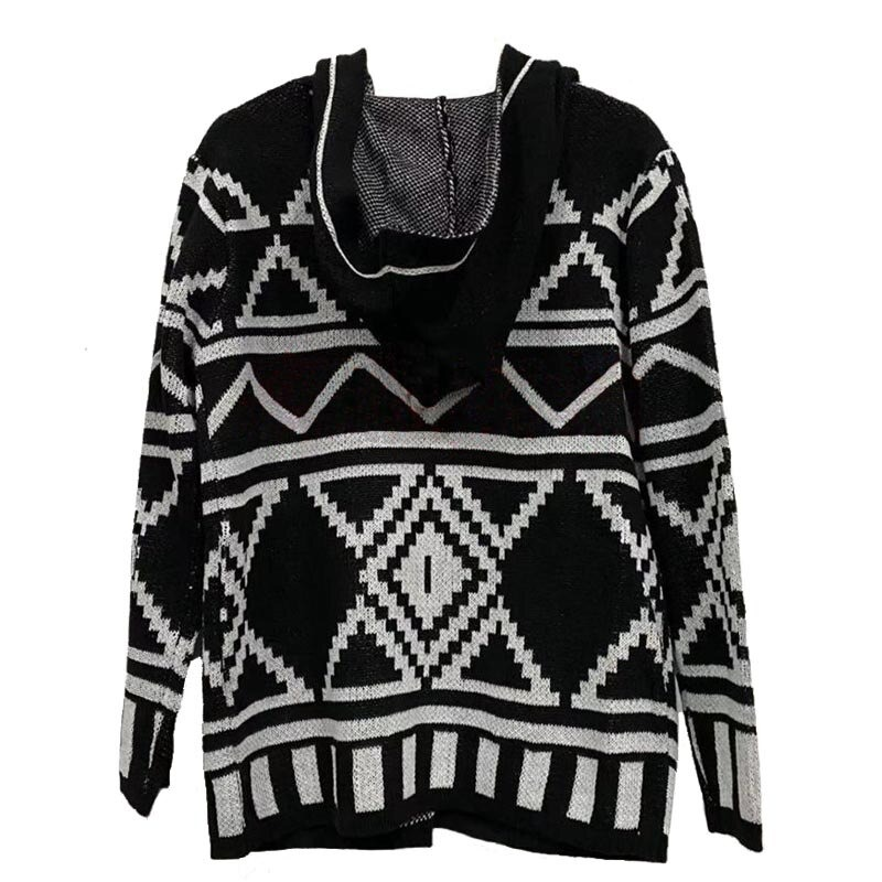 Men's long sleeve hooded knitting sweater with stylish black and white graphic print for cozy casual wear.