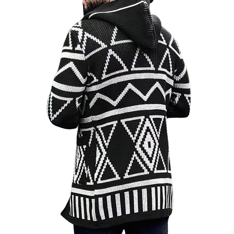 Men's long sleeve hooded knitting cardigan with unique black and white tribal print, perfect for cozy casual wear.