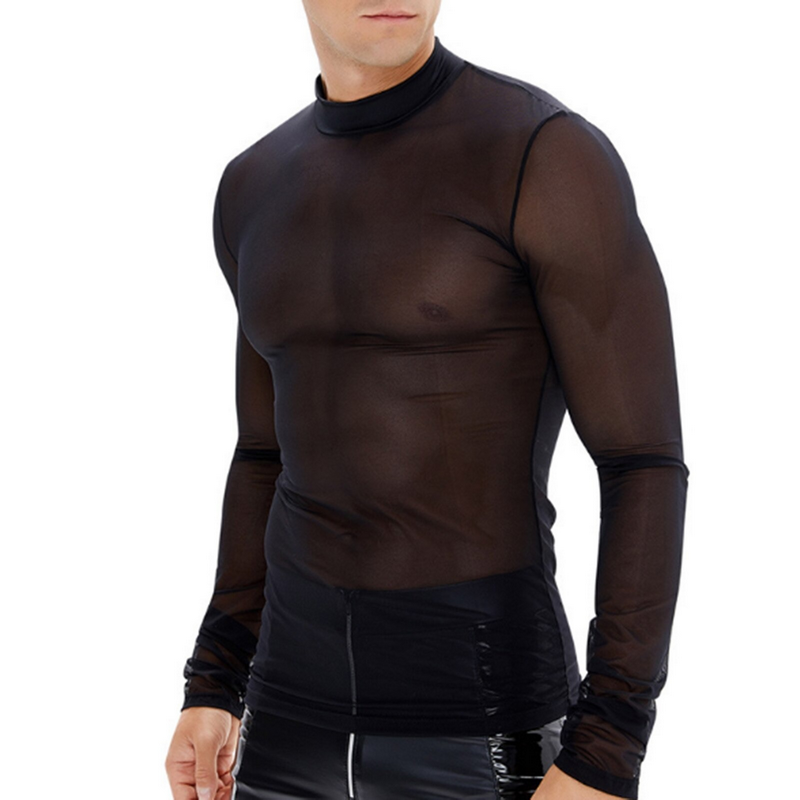 Men's long sleeve mesh see-through top in black, perfect for rockers looking for stylish casual wear.