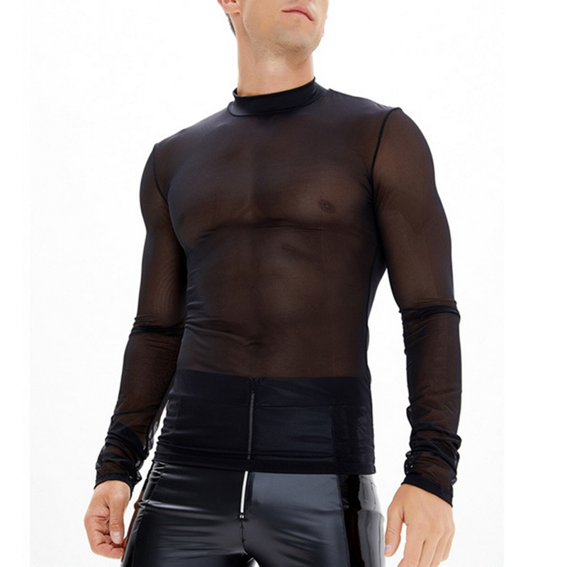 Men's long sleeve sheer mesh top in black, perfect for rockers, styled with patent leather pants.