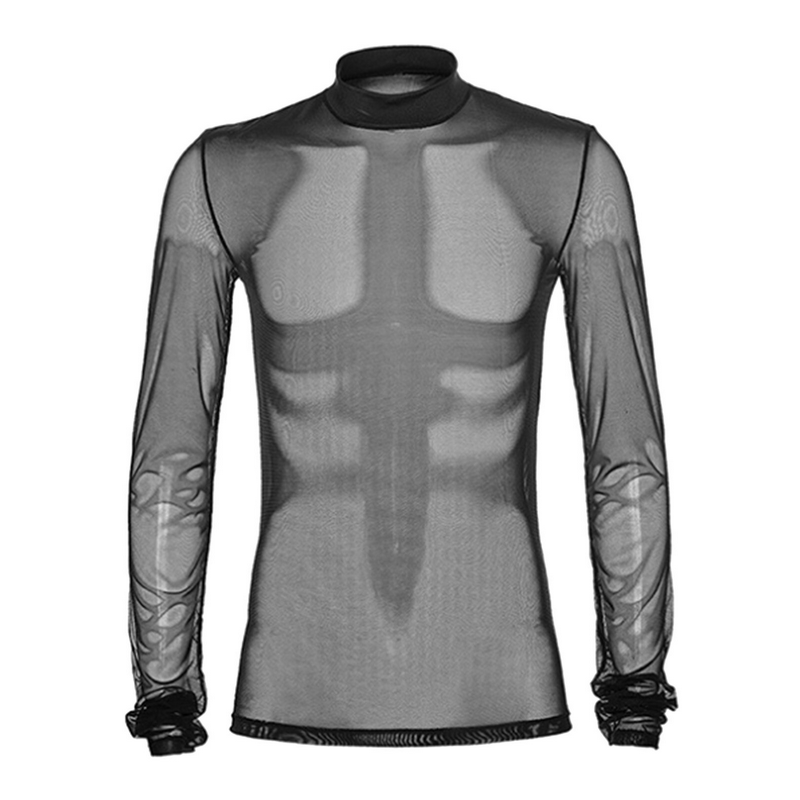 Men's long sleeve sheer black mesh top, stylish fashion rockwear with a modern design.