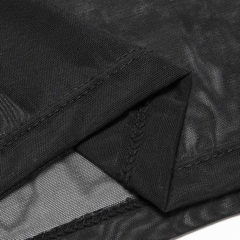 Close-up view of black mesh fabric, showcasing premium stitching for the men's long sleeves see-through top.