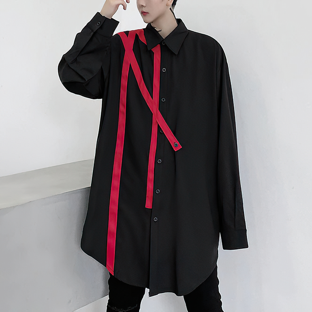 Men's Loose Long Shirt with Red Ribbon / Casual Male Gothic Clothing - HARD'N'HEAVY